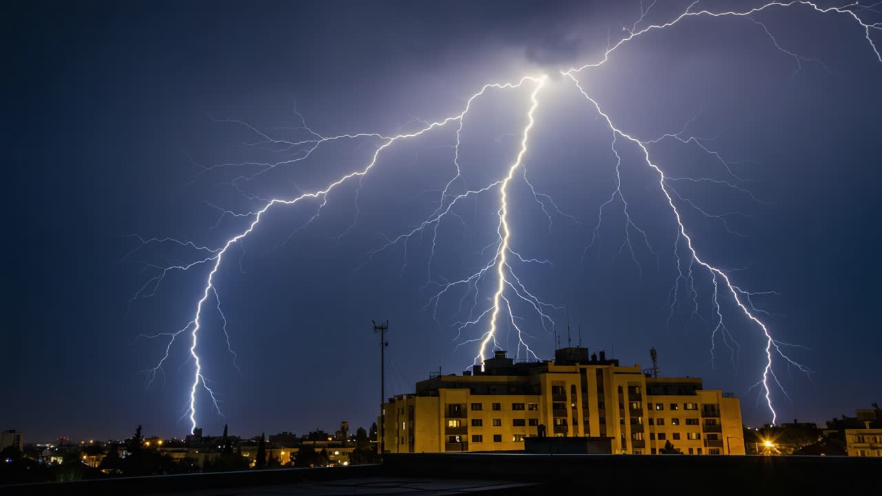 Dramatic Lightning Strikes Illuminating a Cityscape at Night, Capturing the Raw Power of Nature Amidst a Thunderous Stormy Sky