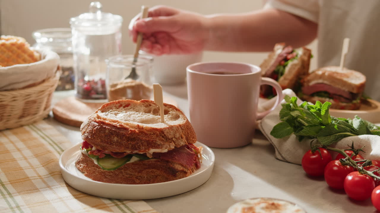 Homemade Ham and Cucumber Sandwich with Tea