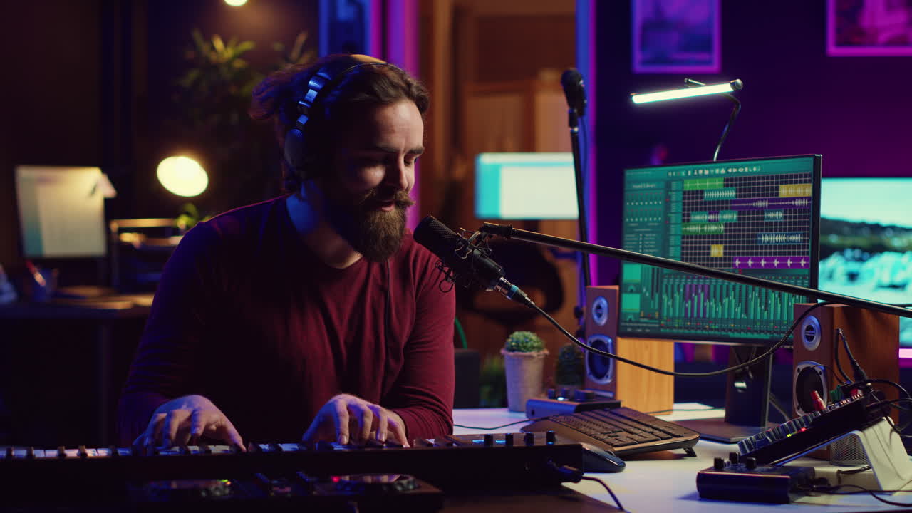 Musician playing piano midi controller and recording a new song