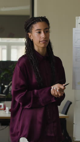 woman presenting business data on a whiteboard in an office