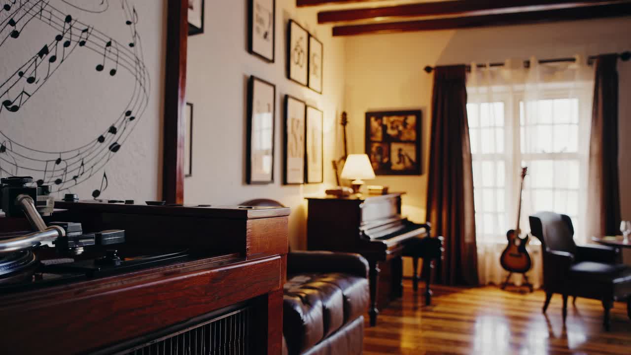 Sala da musica vintage e accogliente con visuale da angolazione bassa, con pianoforte, chitarra e giradischi