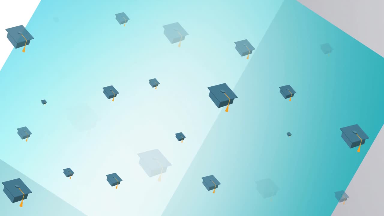 Animation of mortarboards appearing and disappearing on blue and white