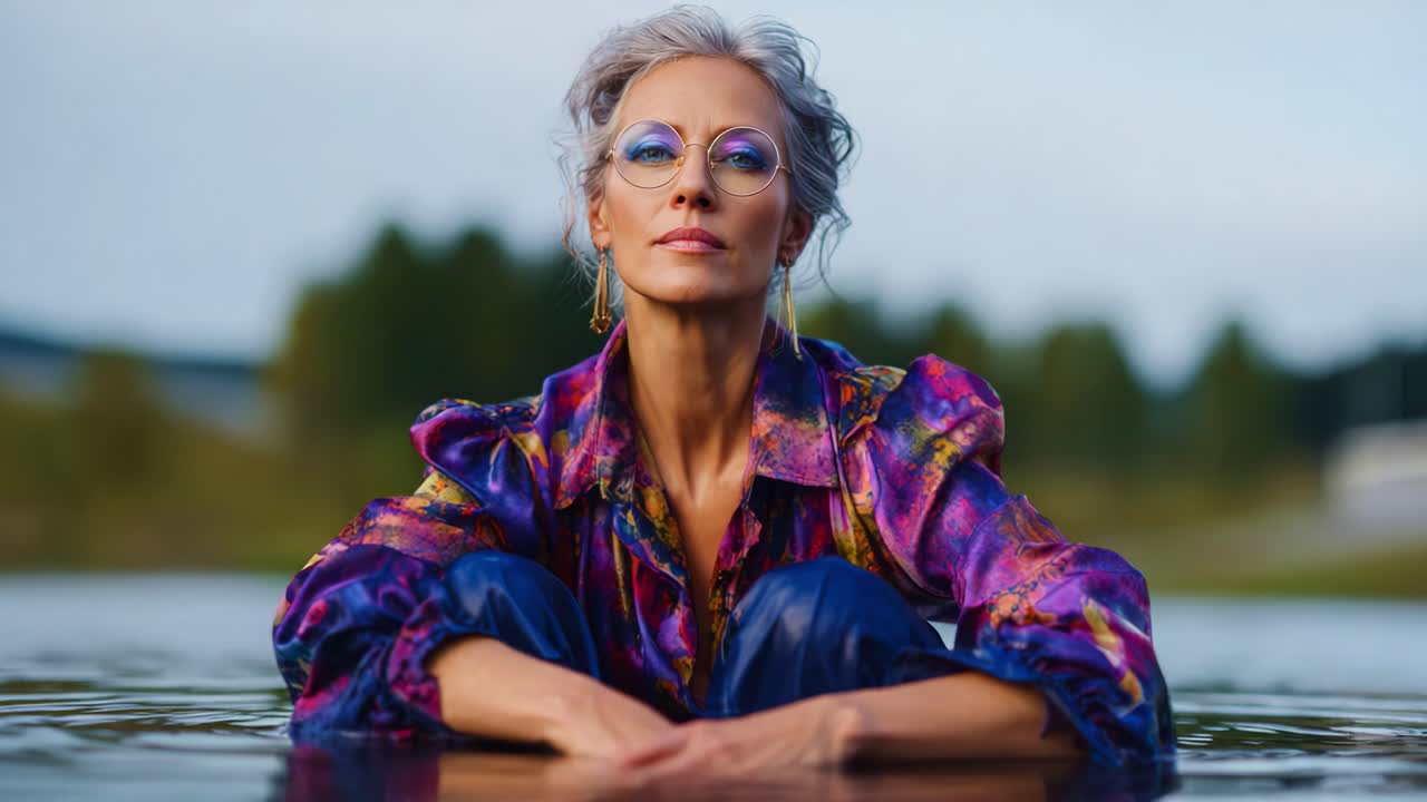 Contemplative Moments: A Serene Woman with Silver Hair and Stylish Attire Poses Gracefully in Calm Waters, Reflecting Nature's Beauty and Inner Peace