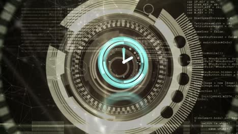 Animation-of-clock-and-data-processing-over-dark-background