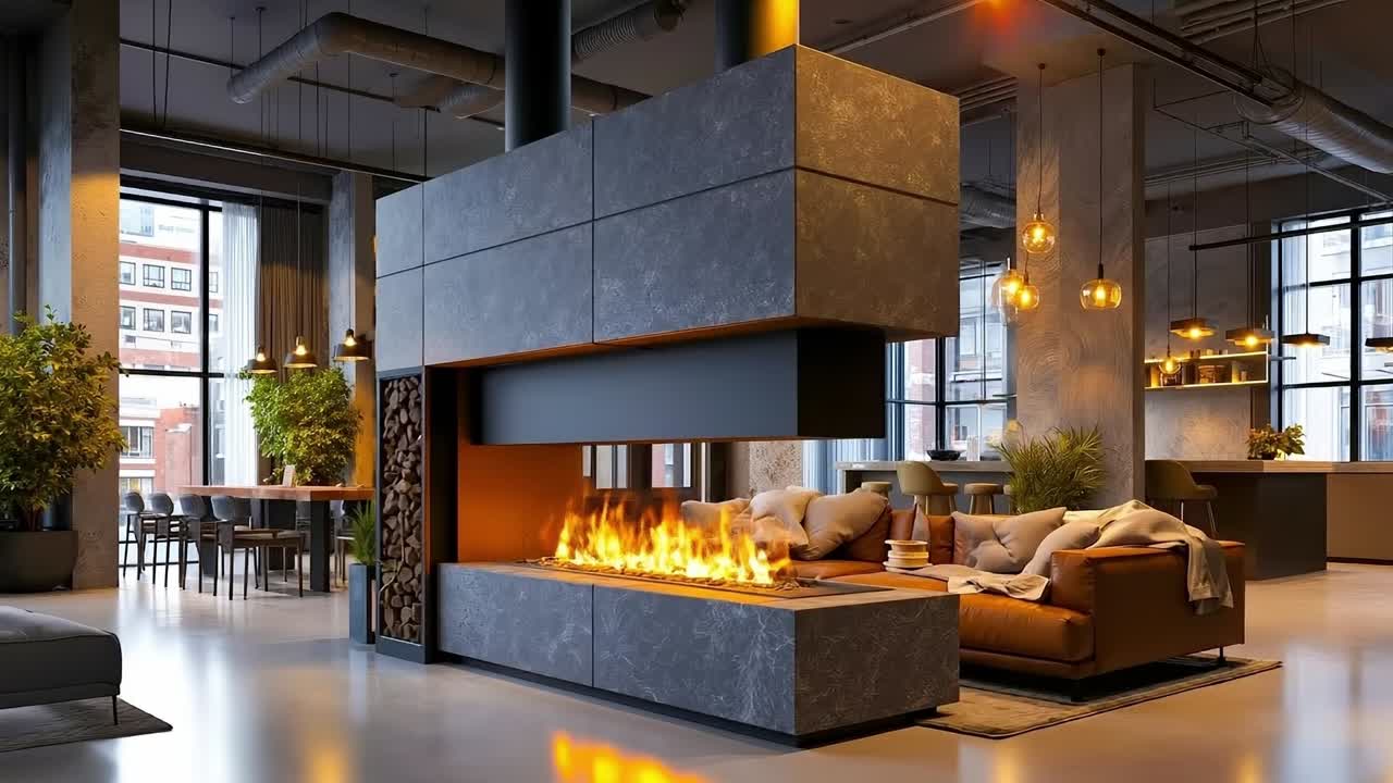 A living room filled with furniture and a fire place