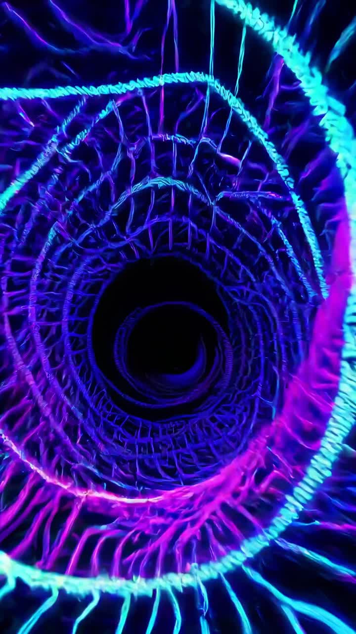 Swirling neon lights in vibrant turquoise and pink hues create a mesmerizing tunnel effect against a dark backdrop, evoking a sense of depth, movement, and otherworldly beauty