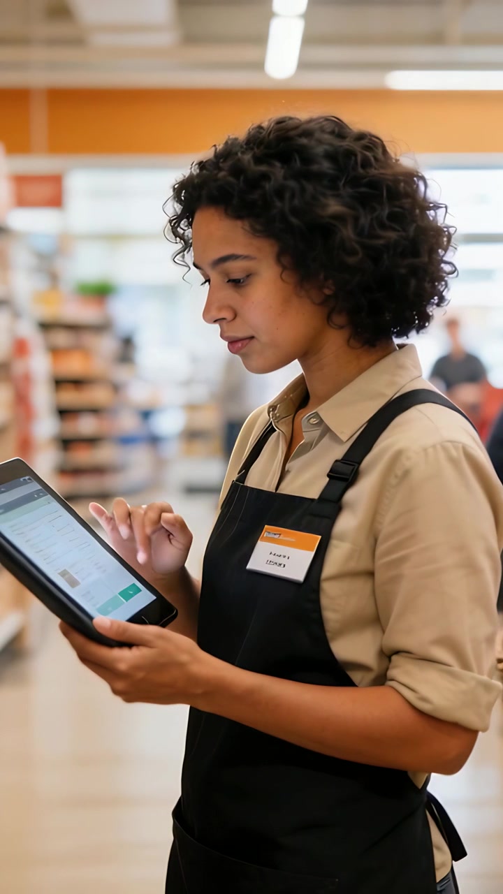 Video verticale: Personale attento che tocca un tablet, controllando le scorte nel corridoio di un supermercato, indossando un grembiule nero.