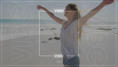 Arms outstretched, woman on beach with animation of VIBE text overlay