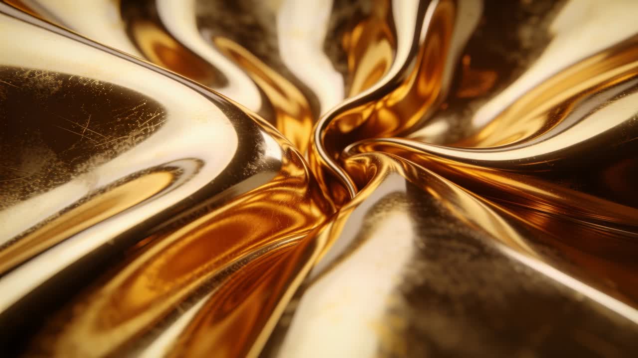 Telecamera da ripresa che cattura un pizzico centrale che si stringe su una lamina d'oro in studio, rivelando creste radiali.