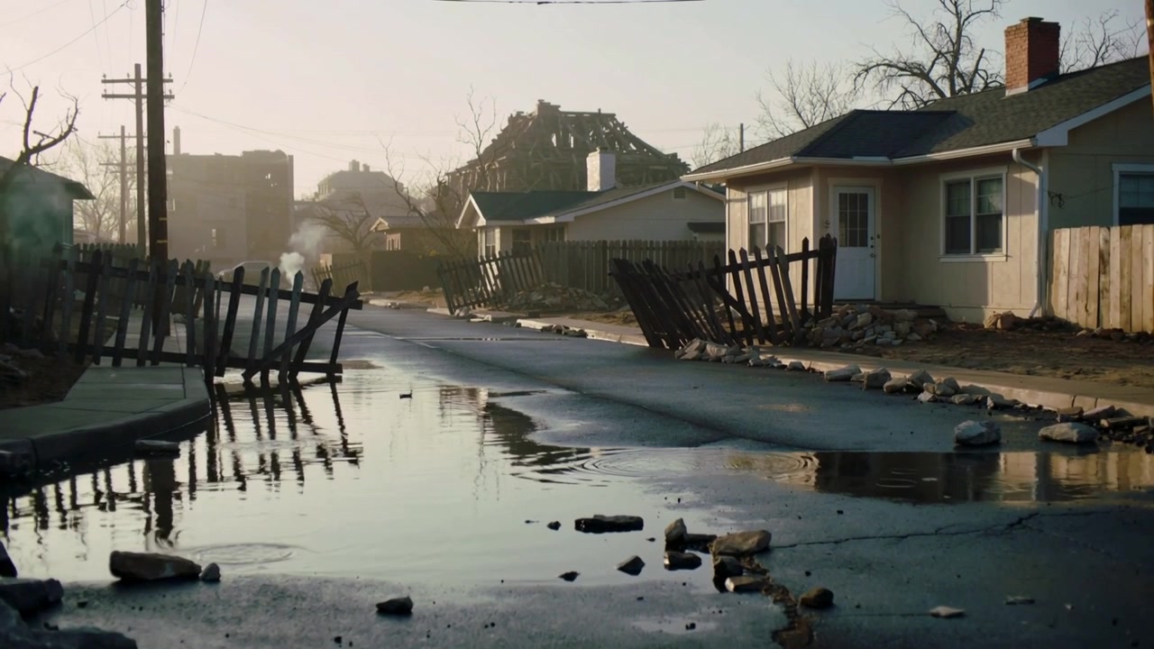 Rippling standing water mirroring houses on local street after small ripple, broken fence leaning