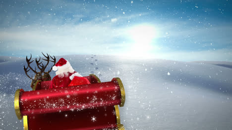 Animation-of-santa-claus-in-sleigh-with-christmas-gifts-and-snow-falling-in-winter-landscape