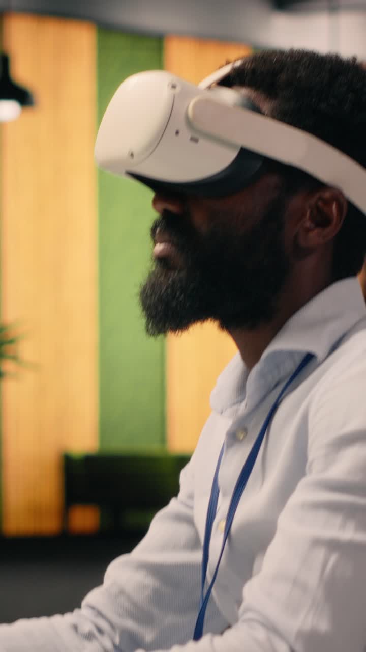 Vertical Video Black professional using VR glasses in corporate office environment