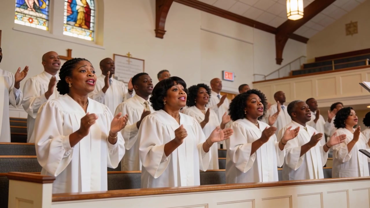 Conductor cueing church choir in white robes, singing for worship and clapping in sanctuary