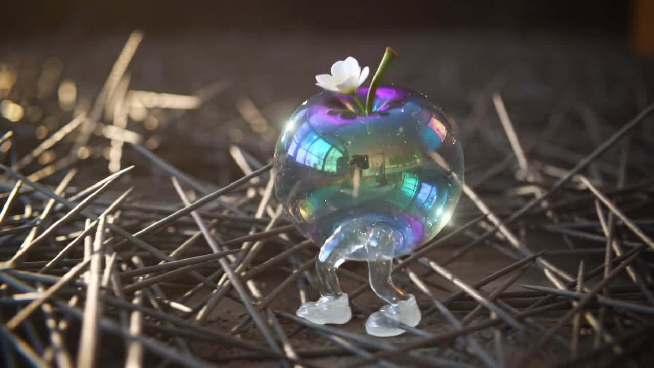 Forming droplet, glass apple growing gel legs anchoring on rod nest, stepping, holding white flower