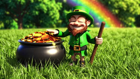 leprechaun with pot of gold under a rainbow