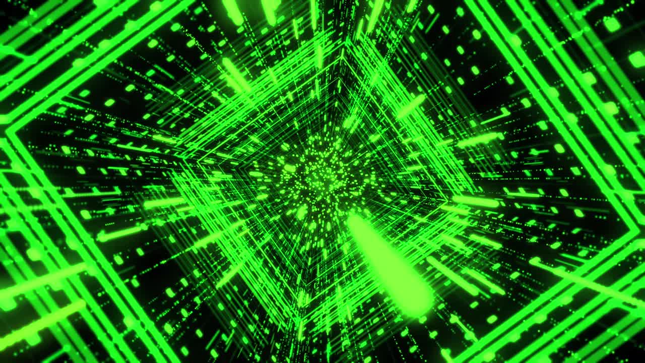 túnel de ciencia ficción verde, concepto de tecnología futurista abstracto. animación. viaje en 3d a través del ciberespacio en fondo negro con efecto matriz, bucle sin costuras