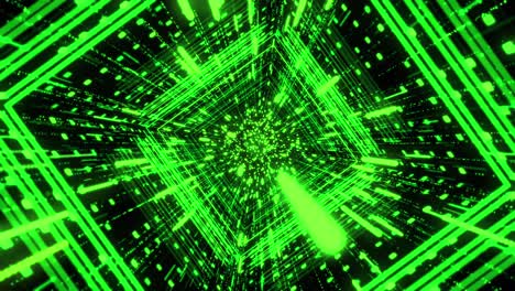 túnel de ciencia ficción verde, concepto de tecnología futurista abstracto. animación. viaje en 3d a través del ciberespacio en fondo negro con efecto matriz, bucle sin costuras