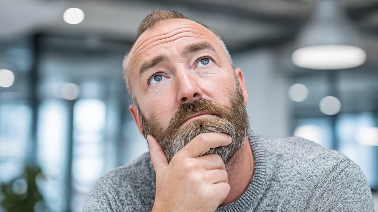 Uomo contemplativo assorto nei pensieri, che riflette su idee e concetti in un moderno ambiente di lavoro con un'espressione pensierosa.