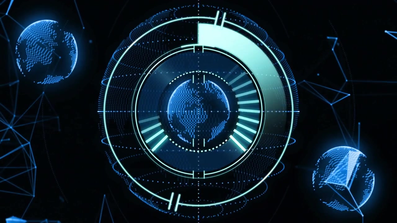 Upon playback globe rotating, progress bar filling and wireframe globes emerging to show loading