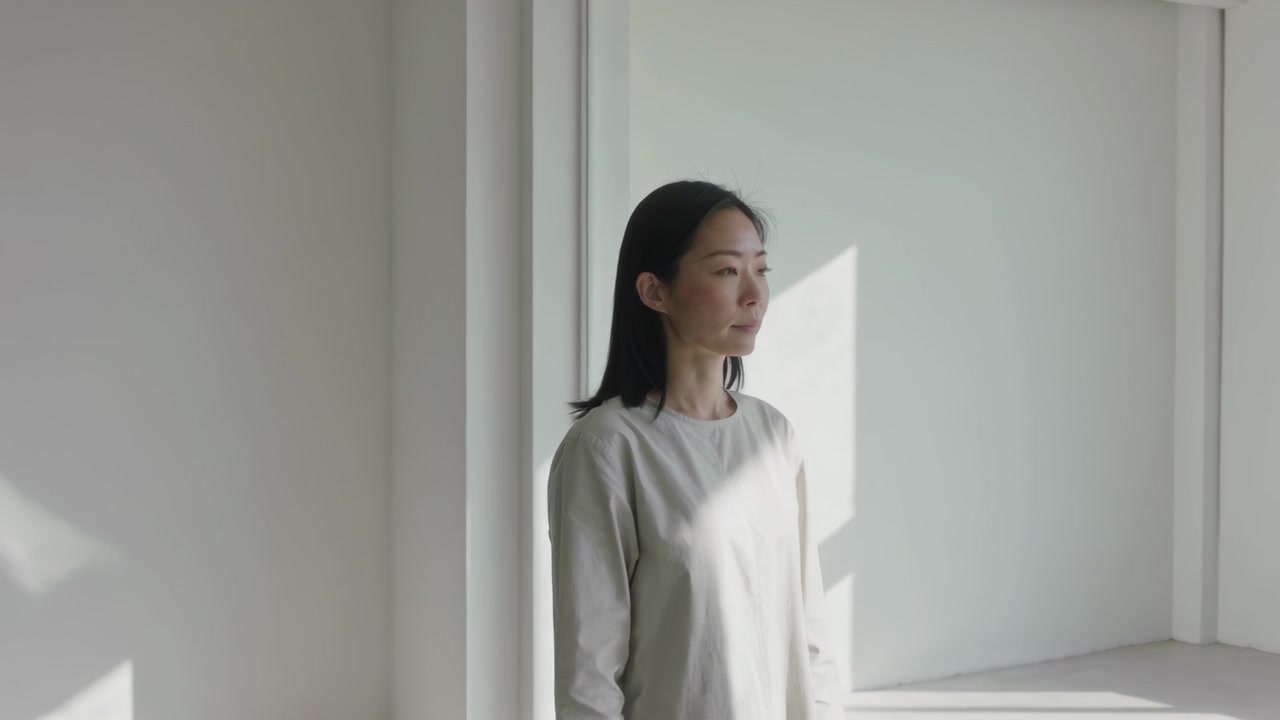 白い部屋で、明るいシャツを着た女性が振り向き、窓の方へ視線を移すと、日差しが注意を引く。
