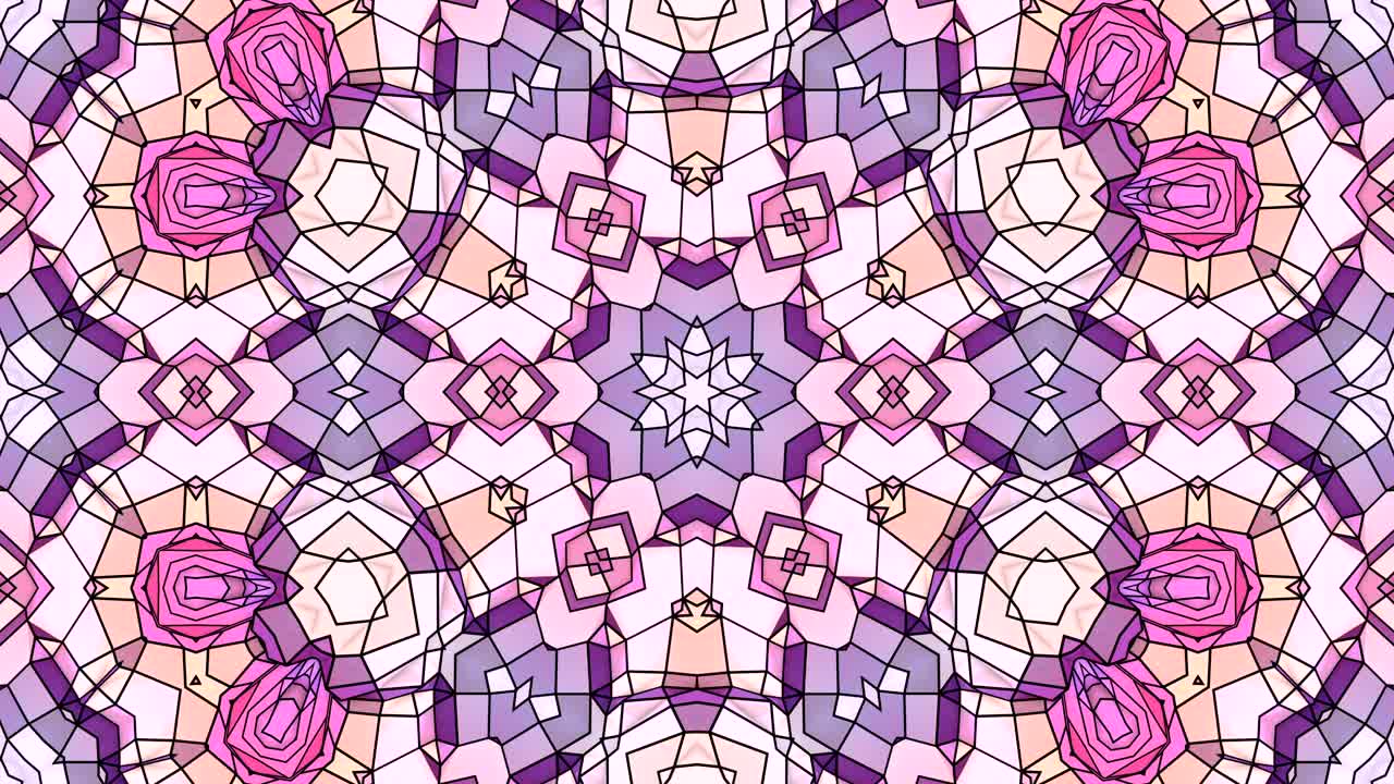 Sfondo astratto geometrico low poly con effetto vetrata in movimento o caleidoscopio in 4K. Animazione 3D in loop, filmato continuo in stile low poly popolare. Colore viola V7.