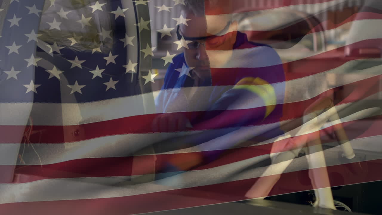 배경 에 있는 사람 위 에 흔들리는 미국  ⁇ 발 의 애니메이션