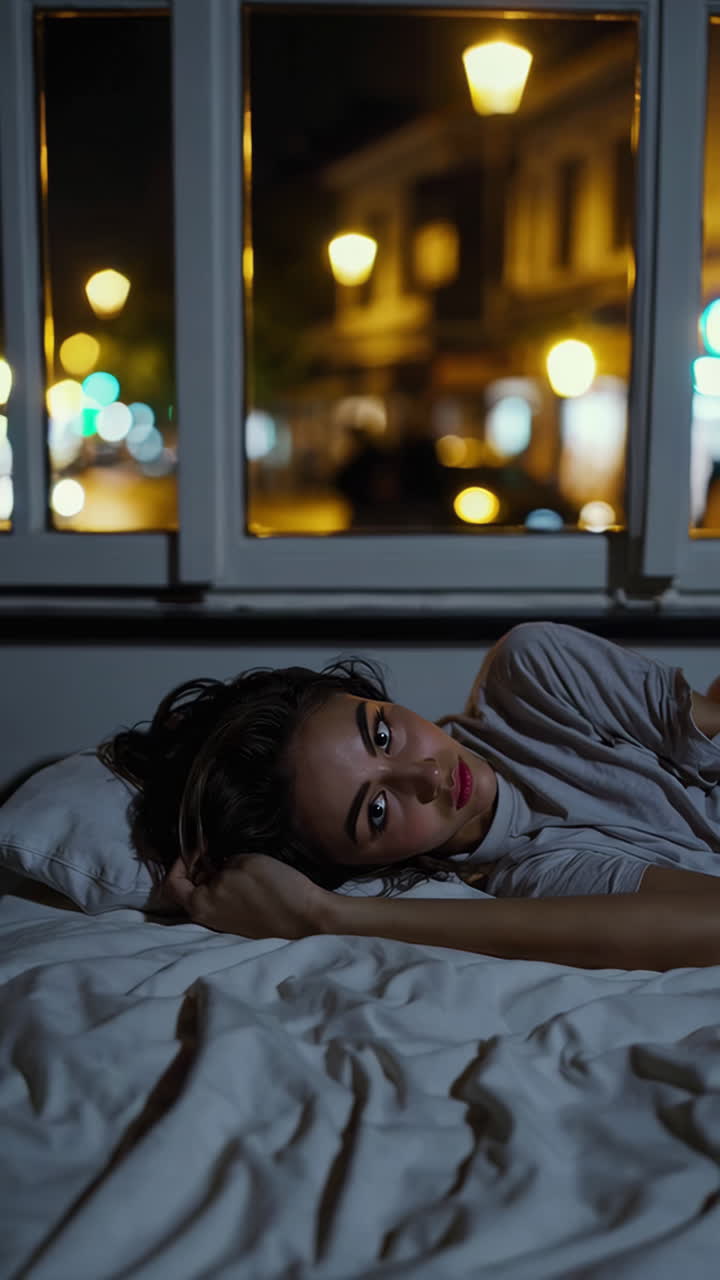 Woman in bedroom at night looking out city window
