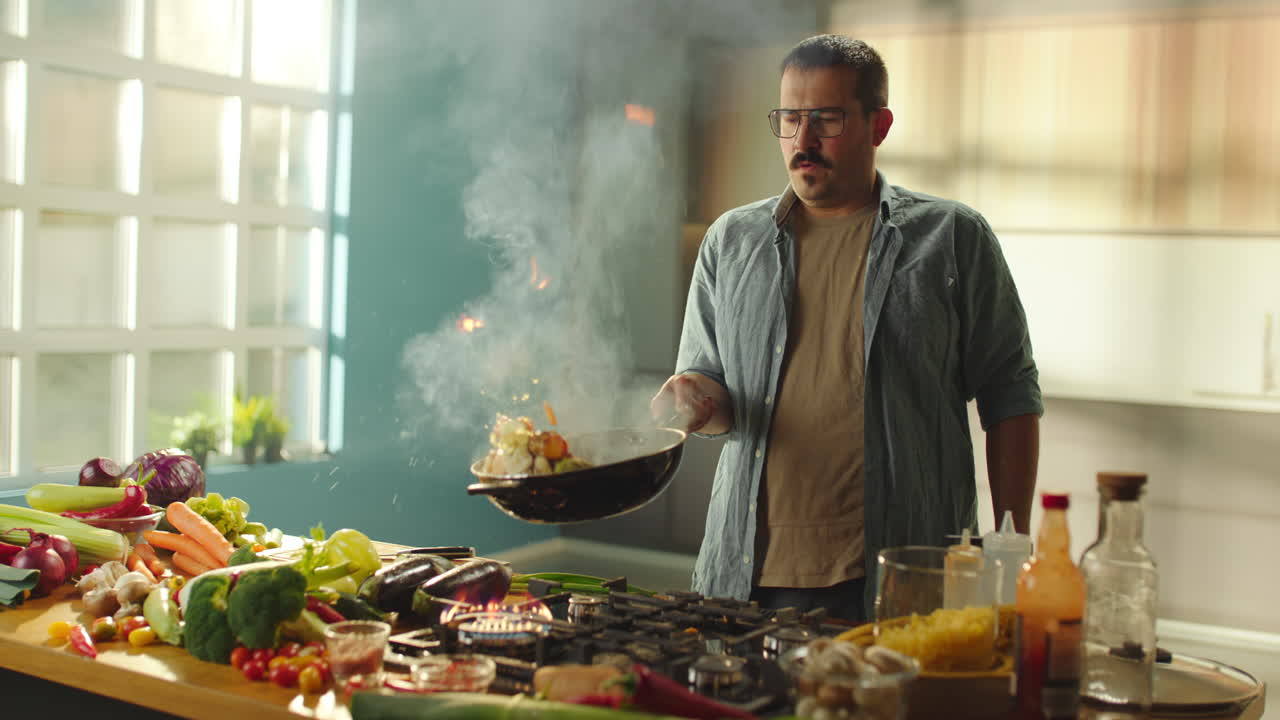 Man Cooking, Kitchen Fire