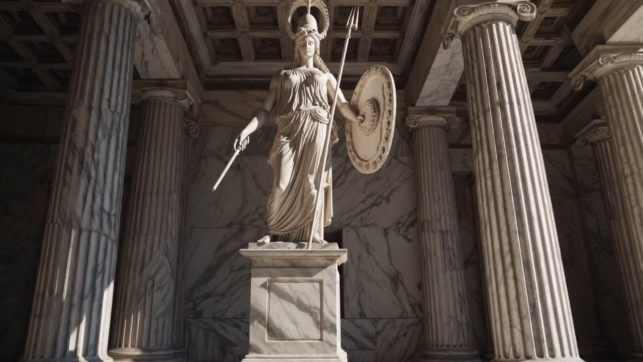Video ripreso dal basso di una statua classica in marmo in una grande sala con colonne imponenti.