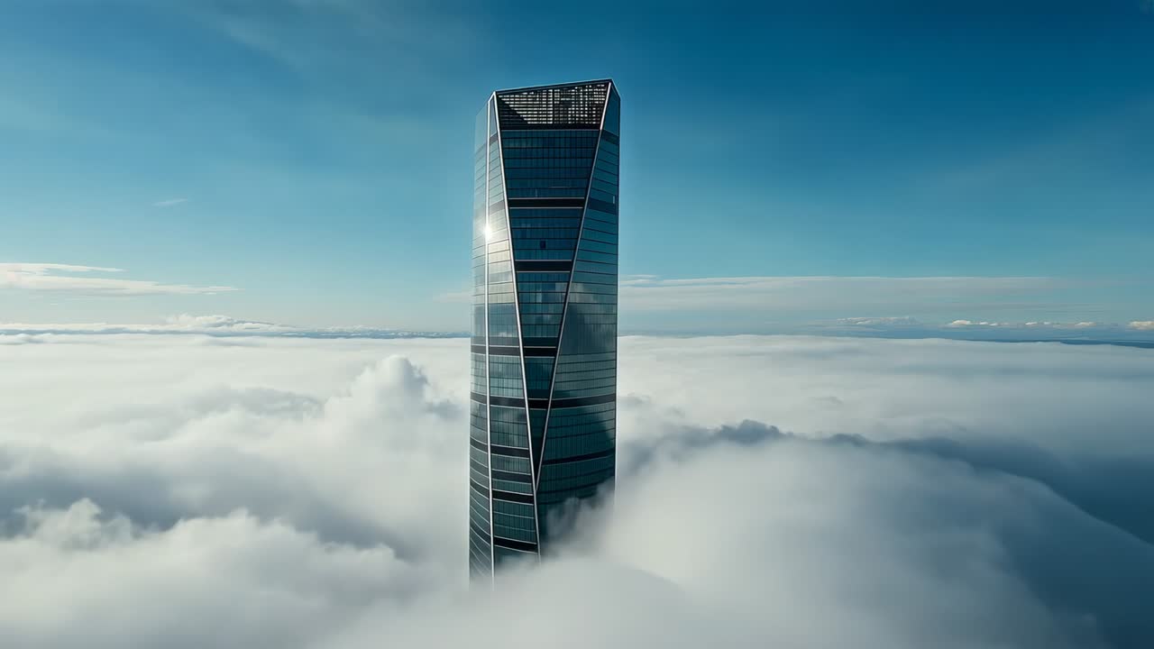 Sliding cloud bank moving past glass-steel skyscraper as camera pulling back, revealing facade