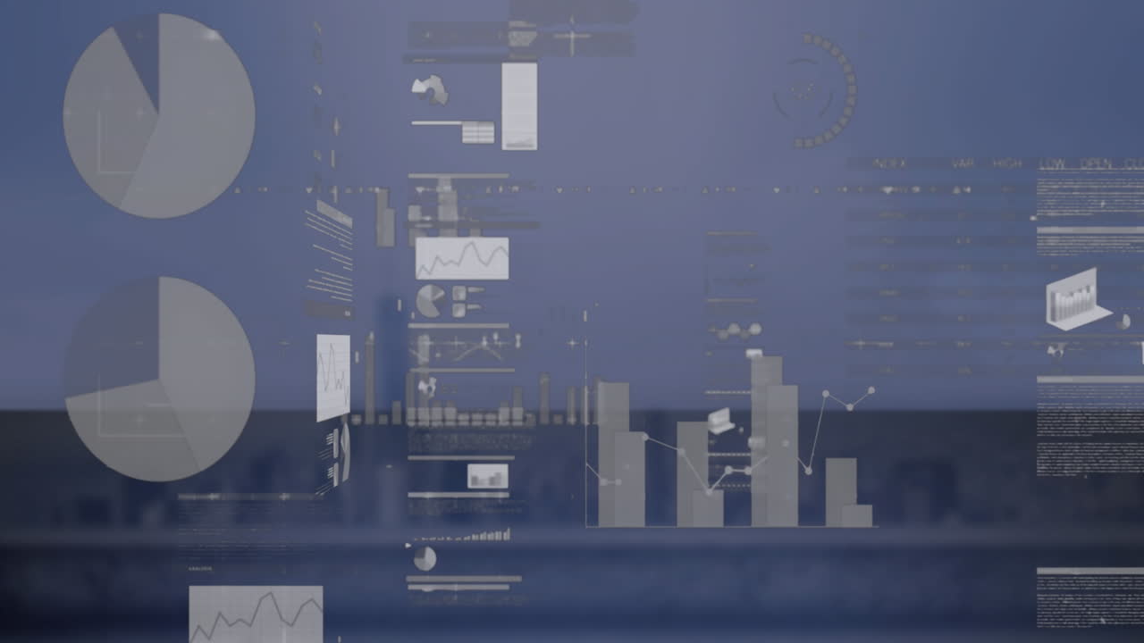 Animation of infographic interface over modern cityscape against clear sky