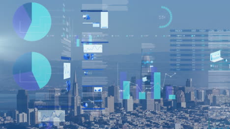 animation of statistics and financial data processing over cityscape