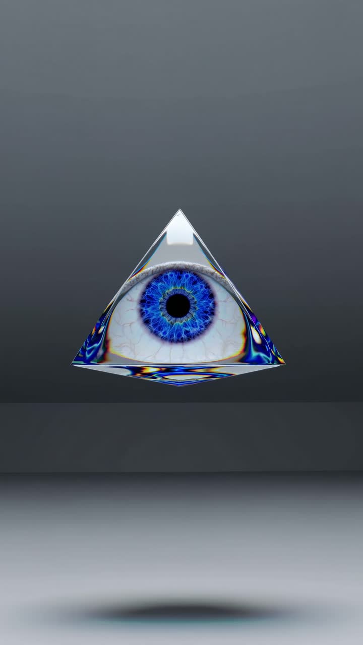 Glowing Eye of Providence suspended inside transparent glass pyramid, projecting enigmatic shadows across pristine white surface, representing mystical symbolism