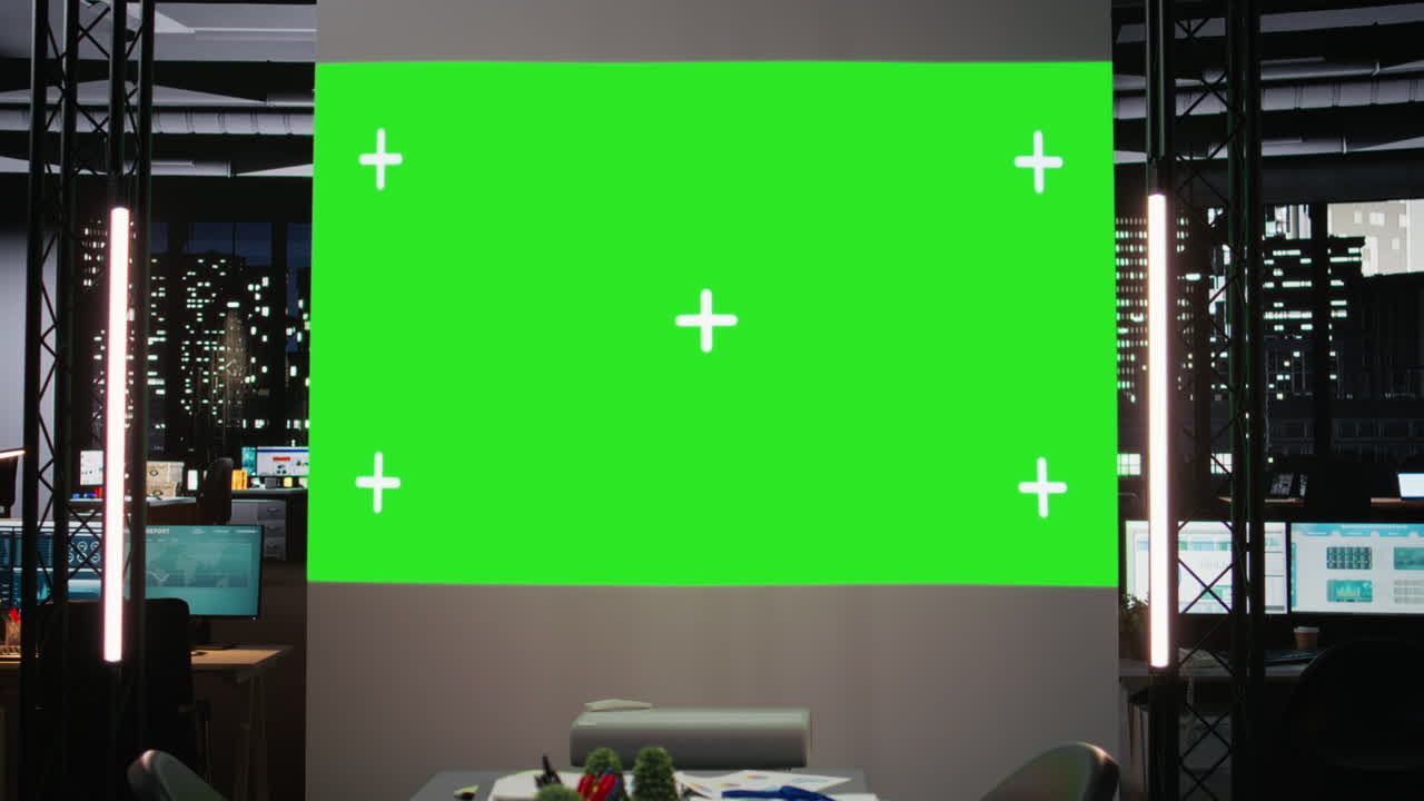 Empty boardroom in a global enterprise shows chroma key projections