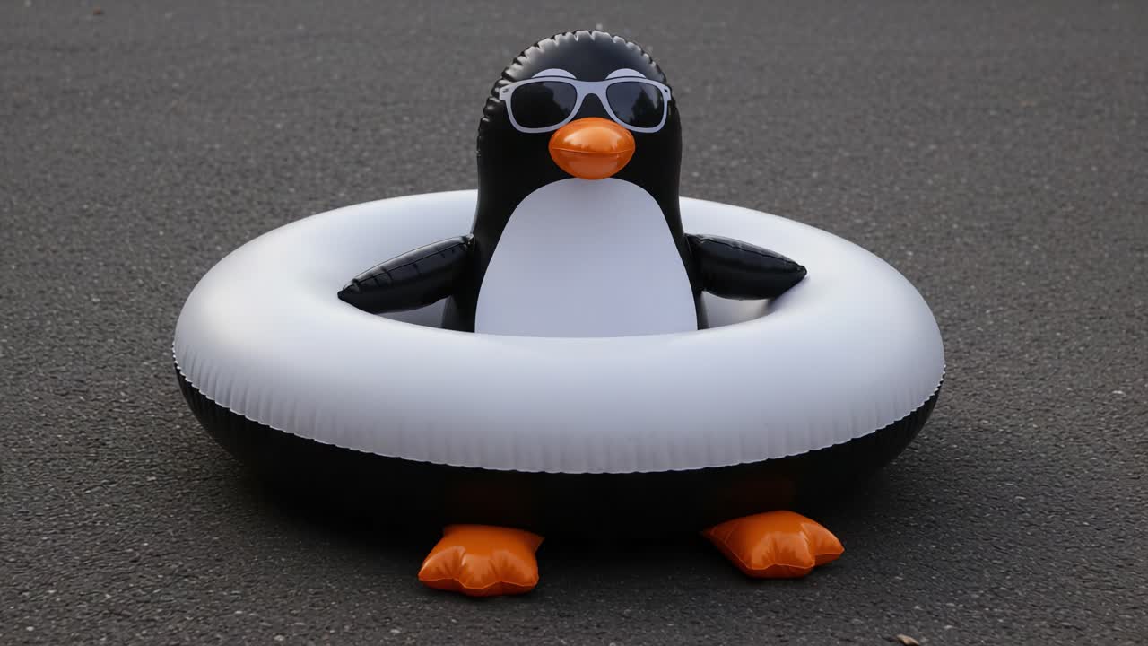 A Playful Inflatable Penguin in Sunglasses Lounging on a Floaty, Perfect for Summer Fun and Relaxation by the Poolside or Beach