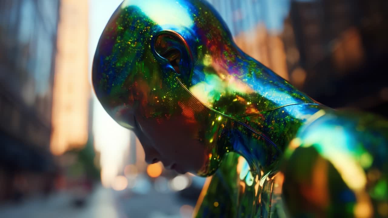 A Stunning Transformation: The Journey of a Colorful Abstract Figure in an Urban Setting, Capturing Light and Reflective Surfaces Amidst a Bustling Cityscape Filled with Life and Energy