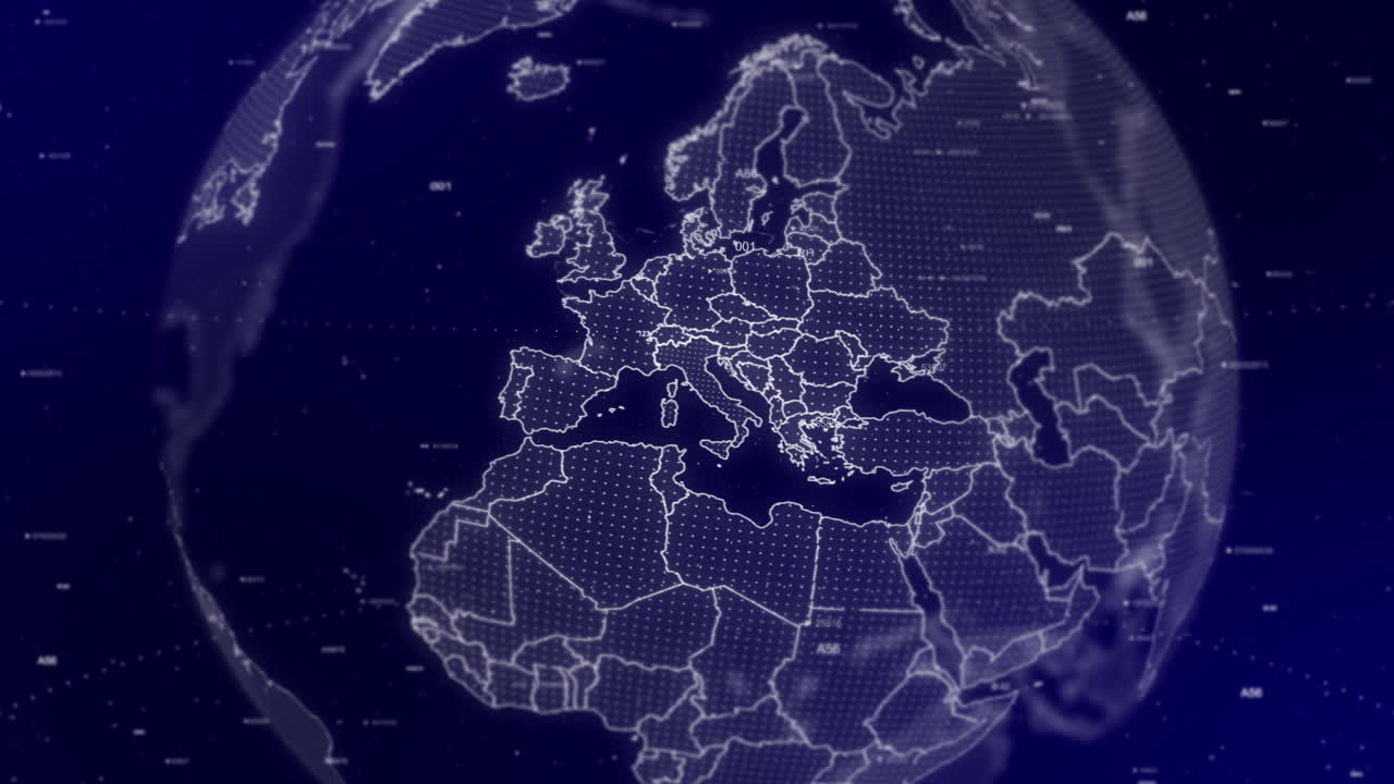 увлекательный кинематографический фон показывает цифровой глобус, вращающийся, приближающийся к италии | цифровой глобус, вращающийся к италии страна коммерческий фон видео в 4k | европа