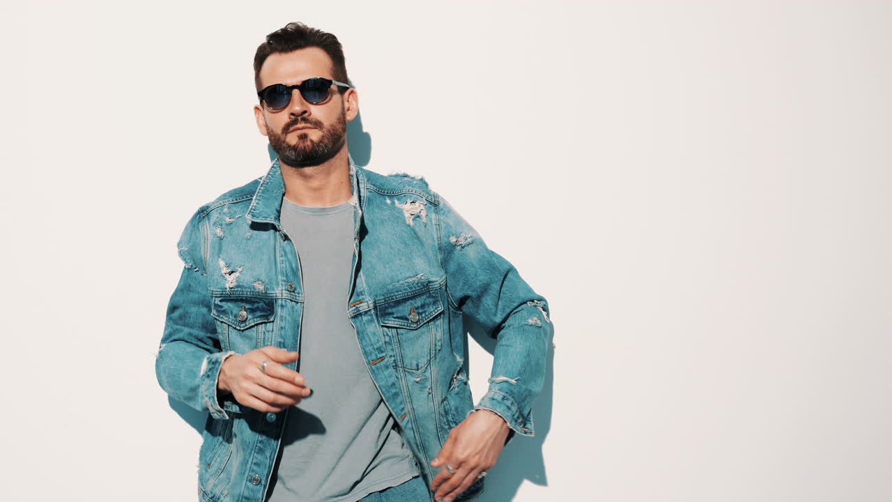 Hombre elegante con chaqueta de denim y gafas de sol