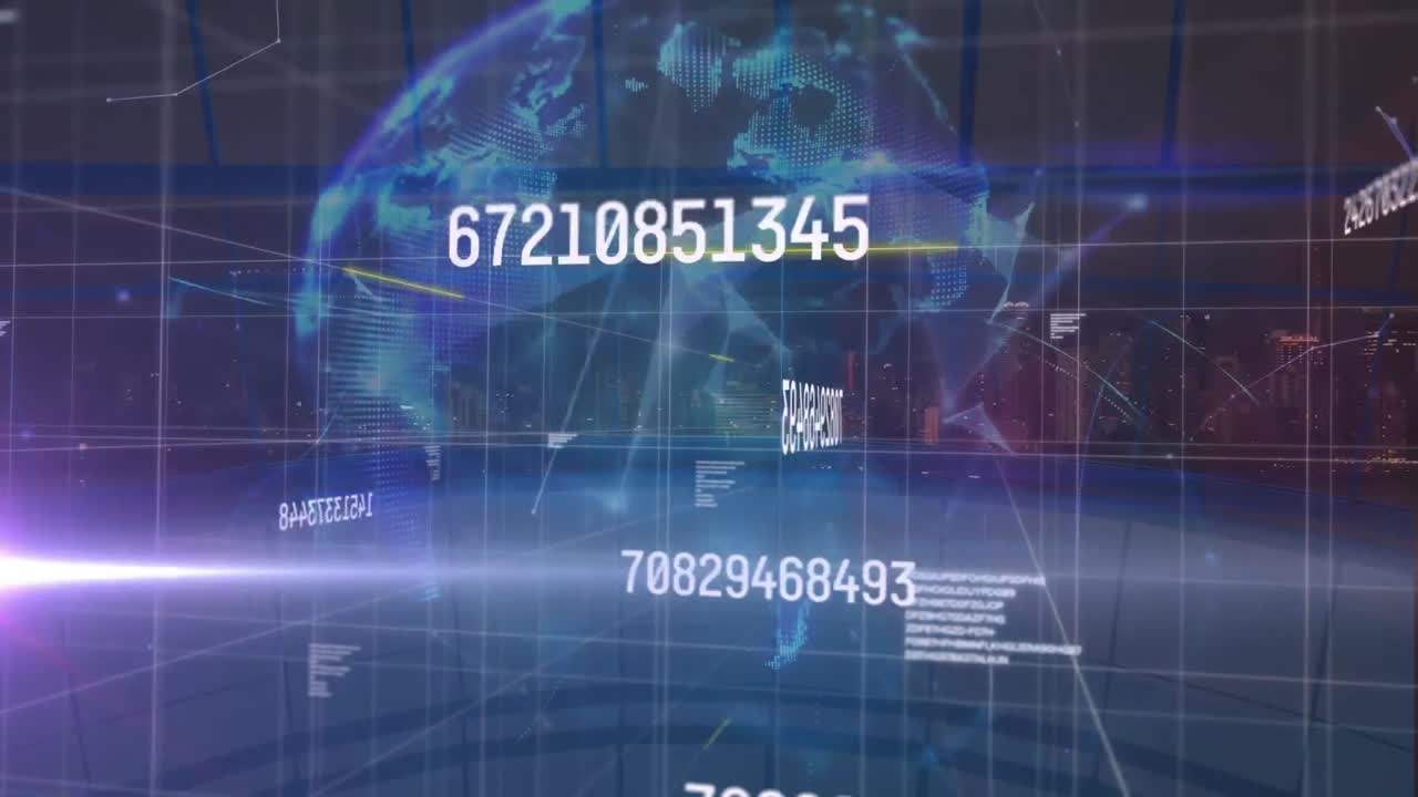 animación de puntos conectados que forman un globo y números que cambian con códigos contra el paisaje urbano