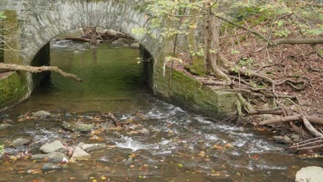 water stream going under stone bridge, near covered bridge, thomas mill at wissahickon creek