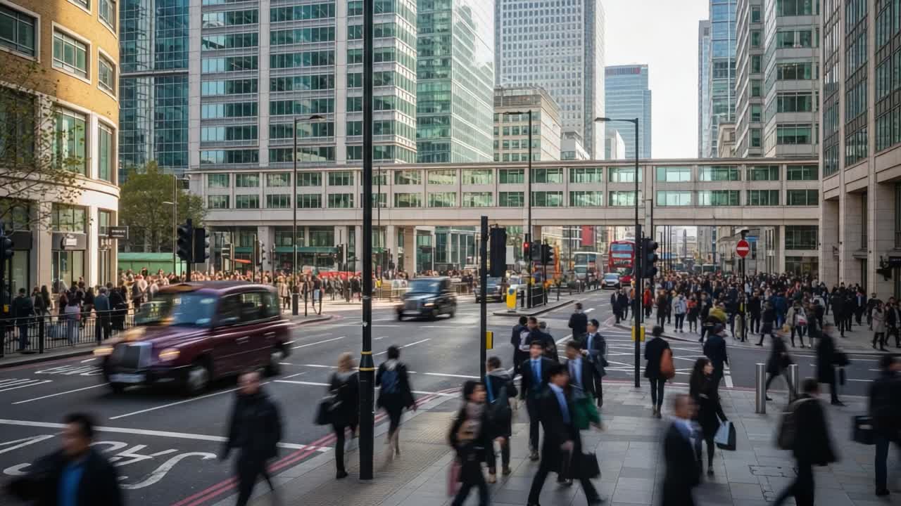 Busy City Street with Motion-Blurred People and Traffic