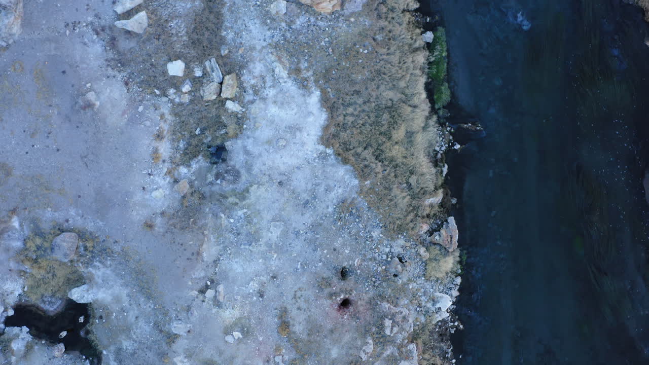 Steamy Boiling Hot Spring and Shoreline, Hot Creek Geological Site, California, High Angle