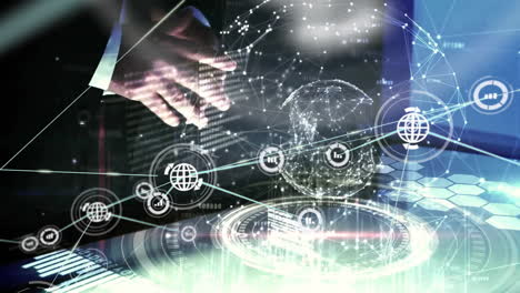 interacting with futuristic digital interface, hands showing global network connections animation