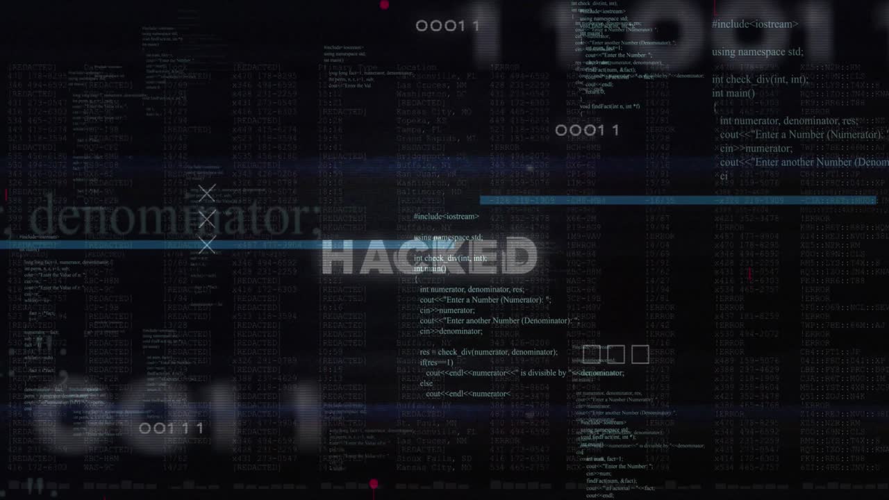 Animation of hacked text over data processing and motherboard