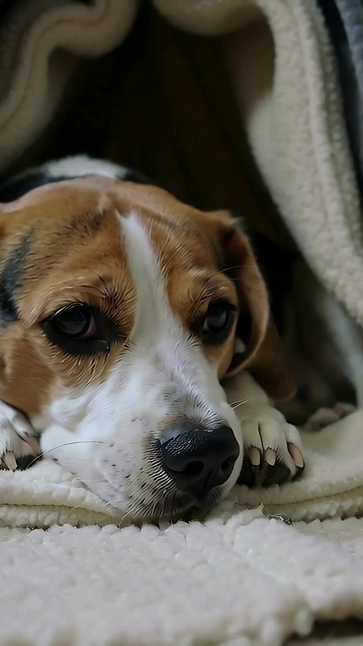 Vídeo vertical: Beagle tricolor deitado levantando a cabeça e piscando em um túnel de lã creme