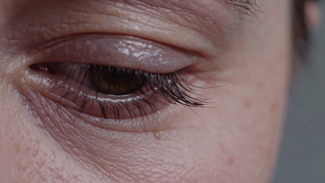 Emotional moment captured as a tear falls from a person's eye during a reflective moment in a neutral setting