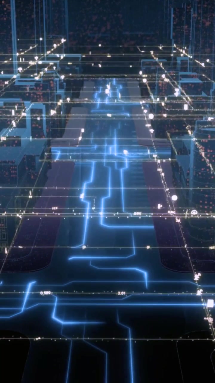 Griglia Urbana Digitale con Percorsi di Dati al Neon Blu