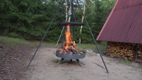 Lagerfeuergrill-Oder-Feuerstellengrill-Mit-Brennendem-Hellem-Holz-Im-Feuerraum