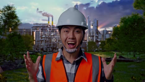 excited construction worker in front of a factory