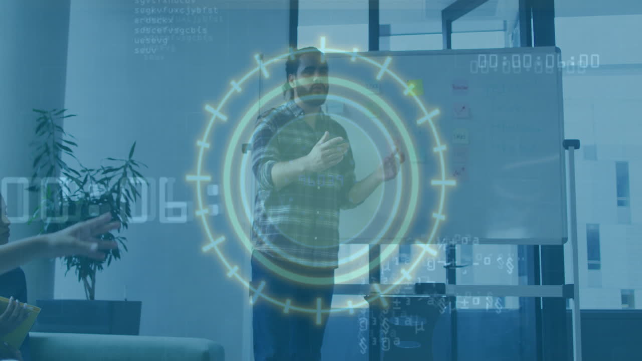 Male presenter interacting with AR technology interface in meeting room, with floating HUD elements